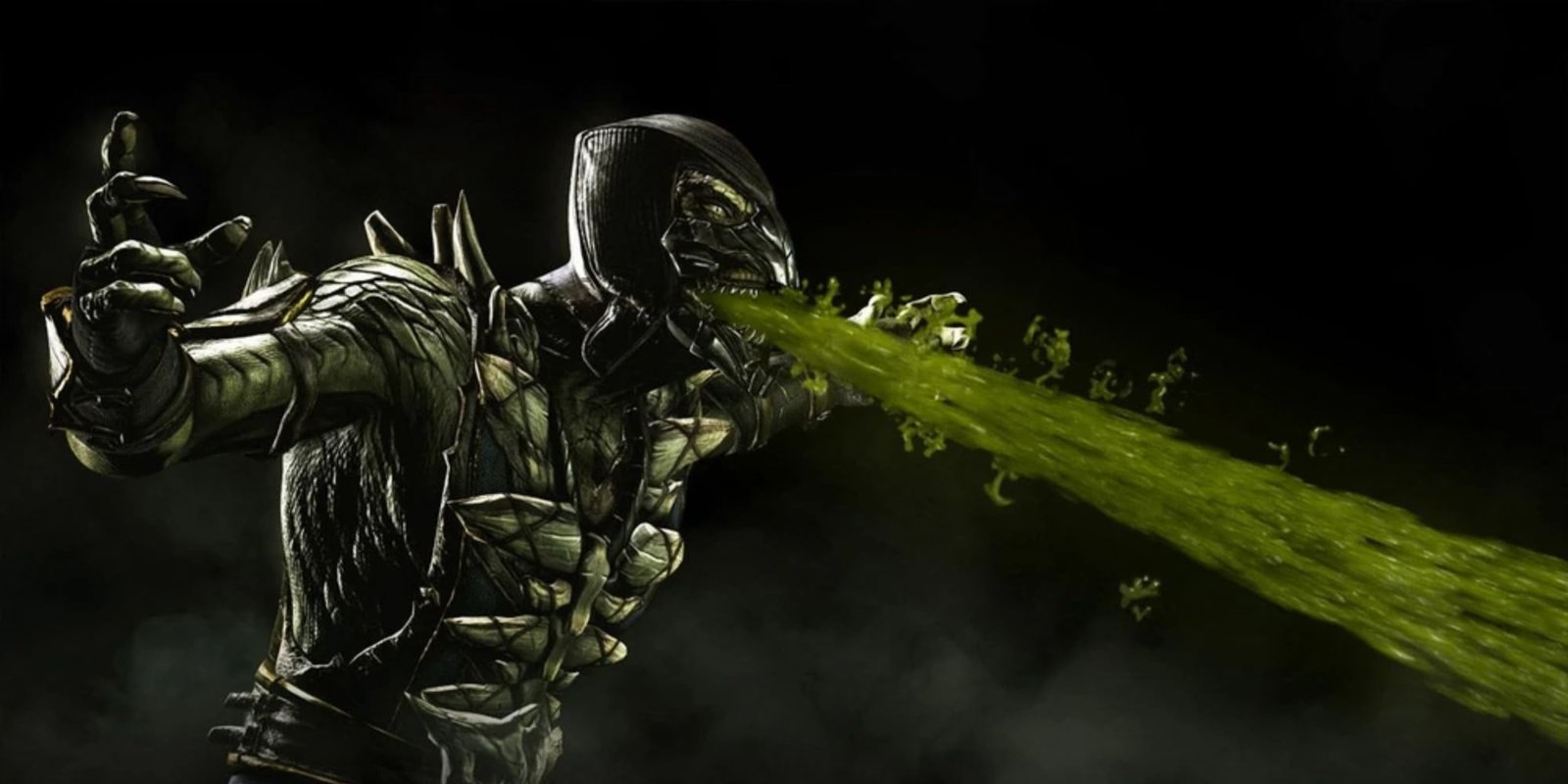 Reptile in Mortal Kombat X spewing acid from mouth, arms raised at the side.