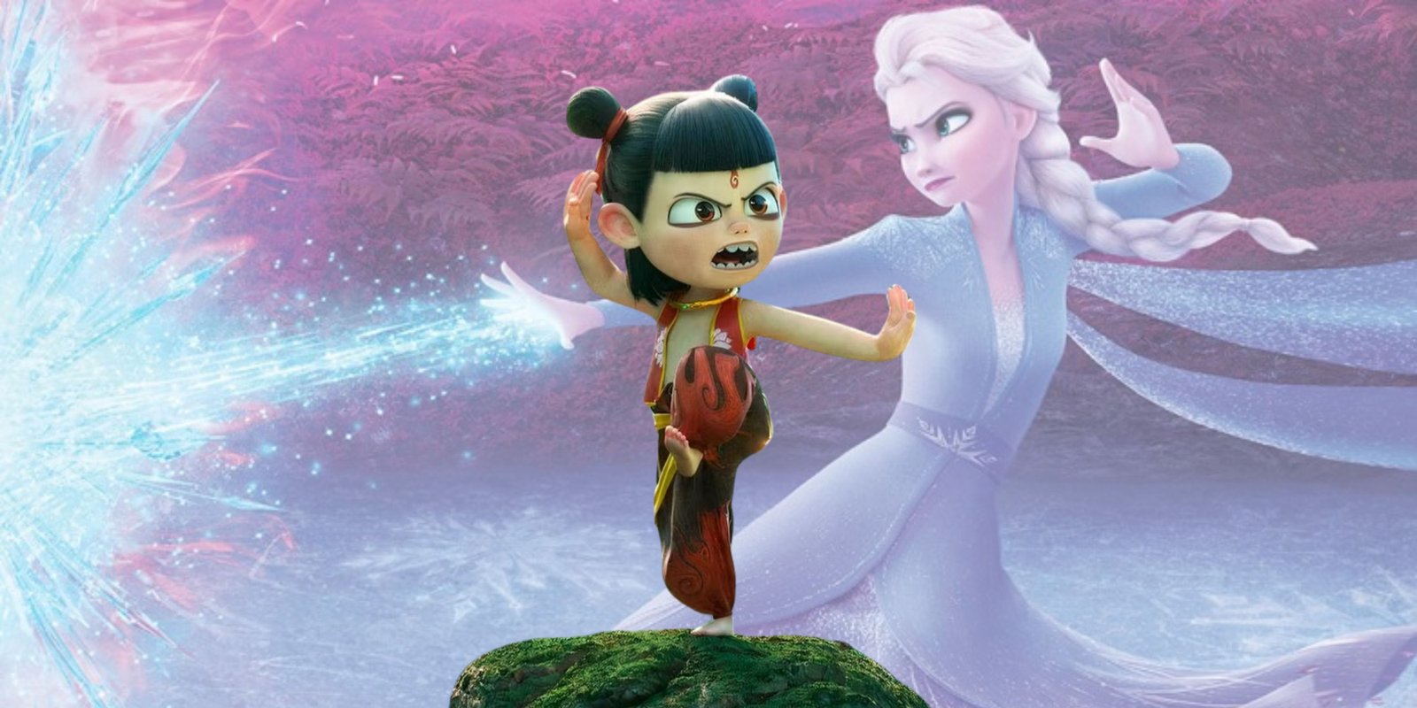 Fans Blast Gal Gadot's Turn In Snow White 2 Ne Zha 2 character on rock with Elsa in the background