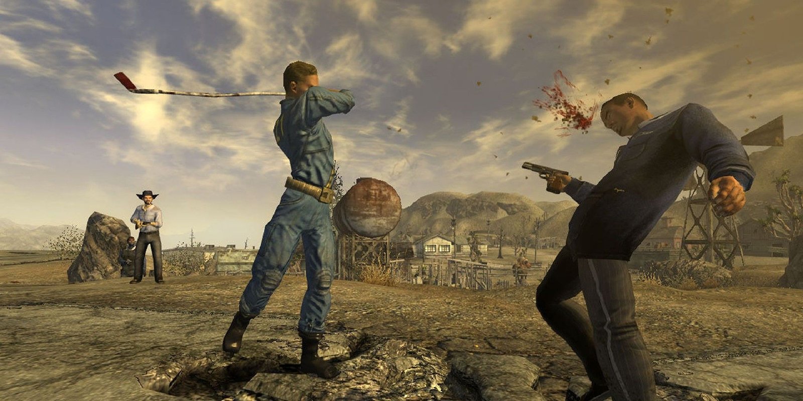 Attacking an enemy with a golf club in Fallout New Vegas.