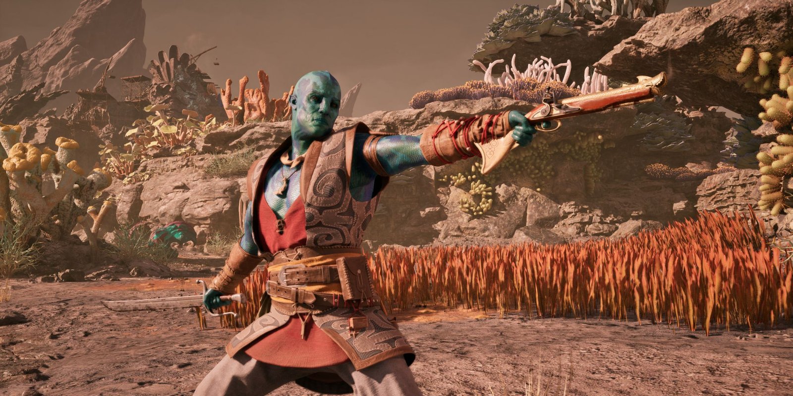 Kai aiming a gun in Avowed.