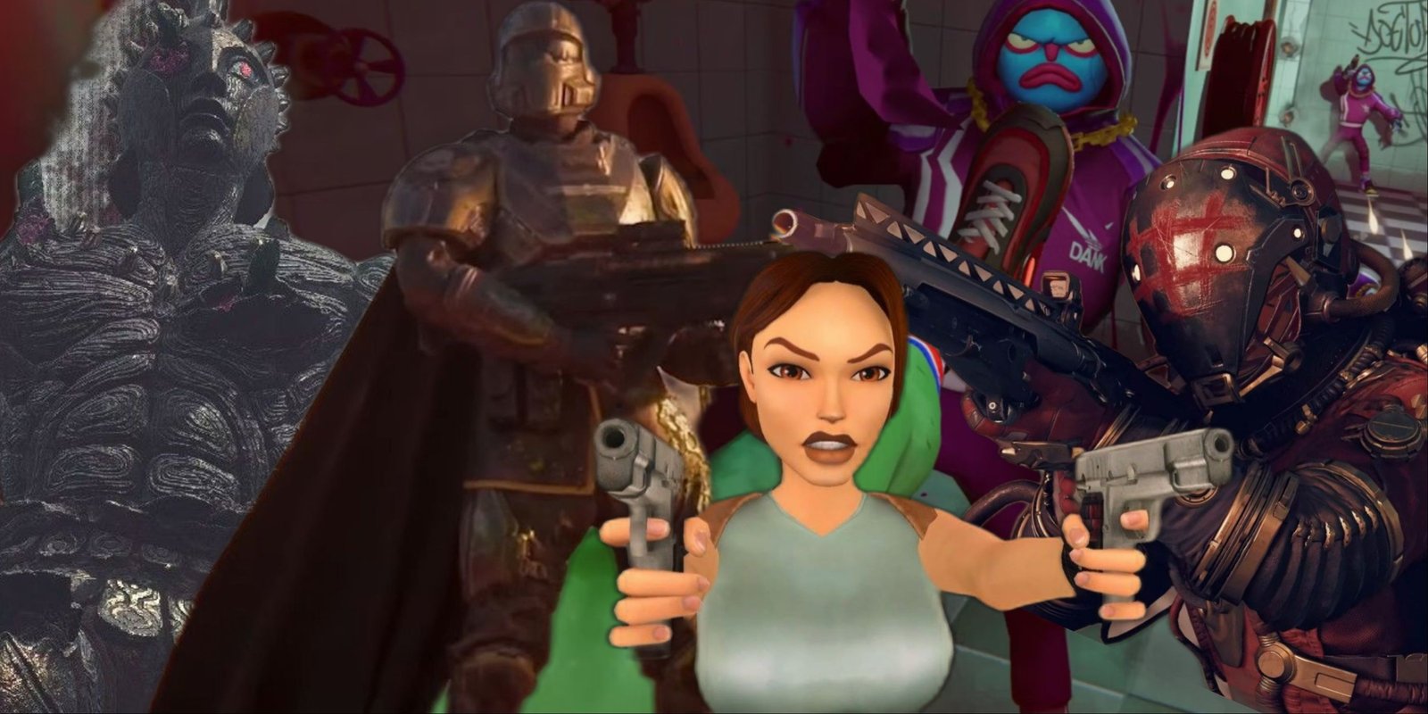 Best PC Games Of The Early 2000s 1 Best Action Games On PC New Feature Image Featuring Collage Of Lara Croft With Pistols From The Remasted Trilogy, Helldivers 2 Soldier, Crimson Fleet From Starfield, Talos From Dragon's Dogma 2, And Anger Foot In