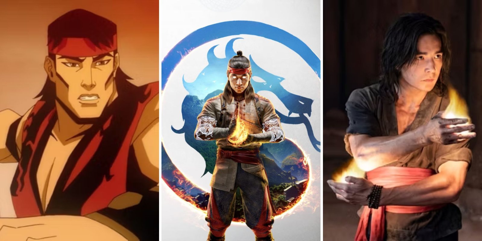 Characters We Want To See In The Mortal Kombat 2 Movie 1 Liu Kang winds up a punch, Fire God Liu Kang poses in front of the logo, Liu Kang prepares for battle