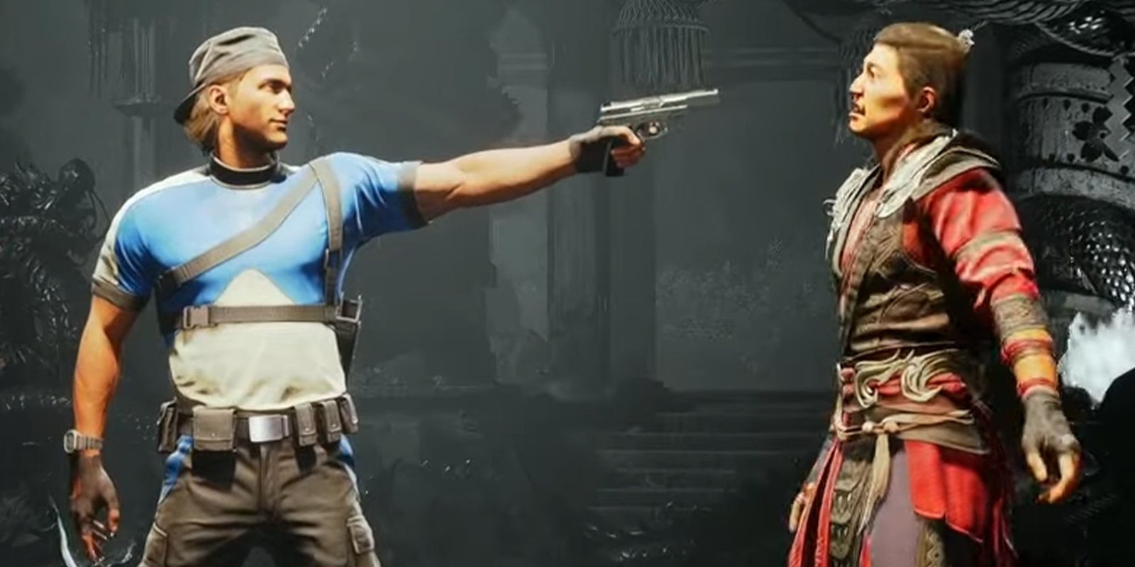 Mortal Kombat 1 Stryker pointing a gun at Shang.