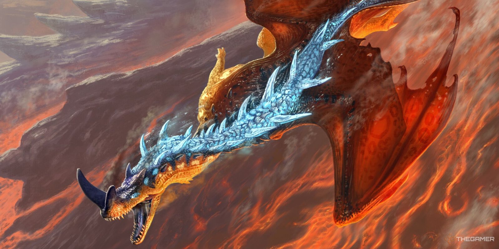 a dragon flies over a fiery land in the art for Runescale Stormbrood in Magic: The Gathering, by Loic Canavaggia.