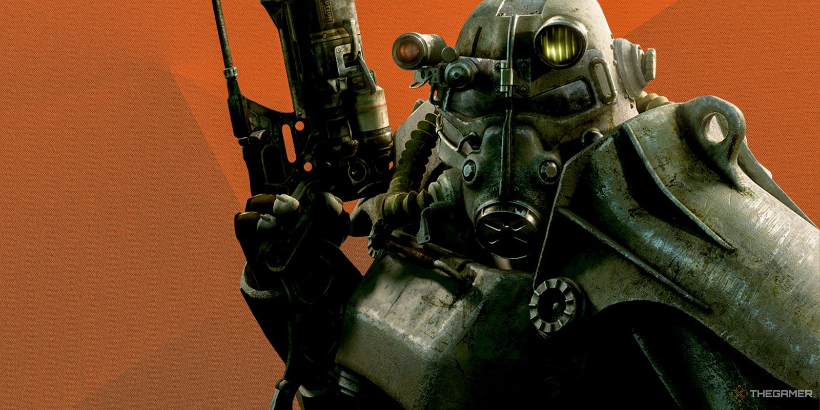 Fallout 3 power armor over an orange background.