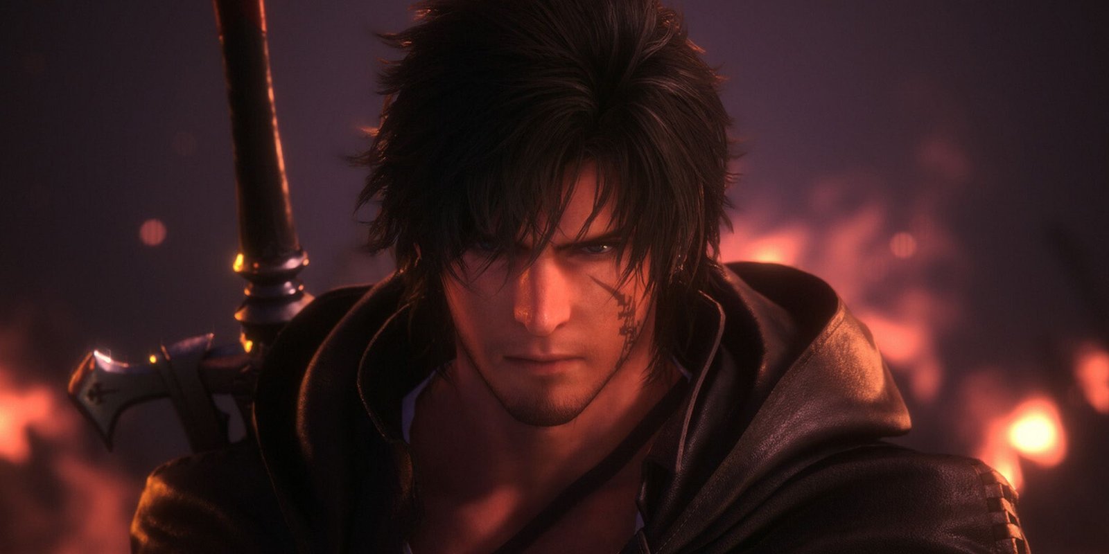 A close-up of Clive Rosfield in a burning battlefield from Final Fantasy 16.
