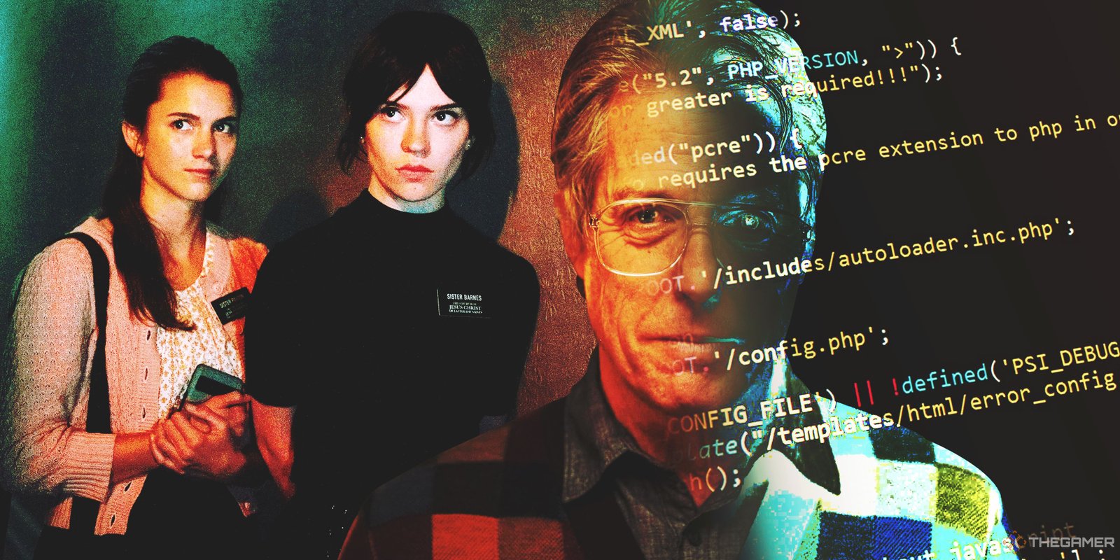 Split image with Heretic stars Chloe East and Sophie Thatcher in character on the left and Hugh Grant looking villainous on the right. Half of his face is shrouded by lines of code.