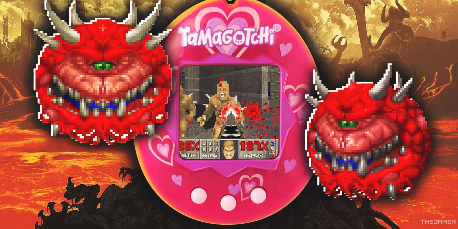 Limited Run Games' Doom Collector's Edition Will Run The Game On The Box Itself 2 Doom running on a pink Tamagotchi flanked by two Cacodemons.