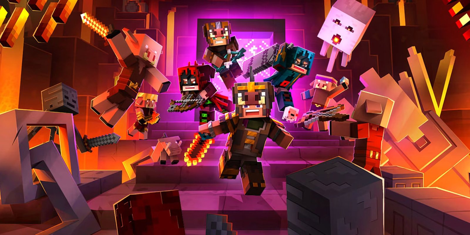 Minecraft Dungeons players emerging from a Nether portal surrounded by Piglin, Ghasts, Wither Skeletons, and Blaze.