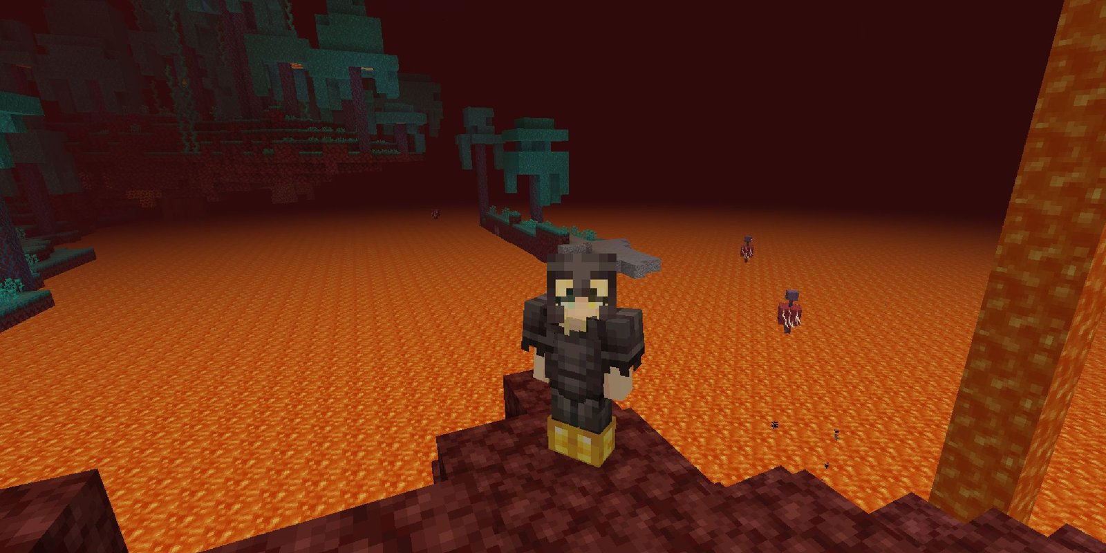 A player in the Nether wearing gold boots with full netherite armor.