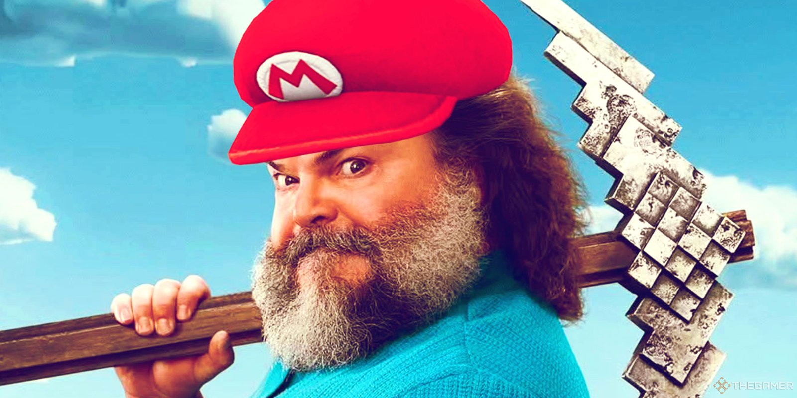 Minecraft Still Has An Animated Netflix Series On The Way 1 Jack Black as Steve in A Minecraft Movie holding a pickaxe and wearing Mario's hat.