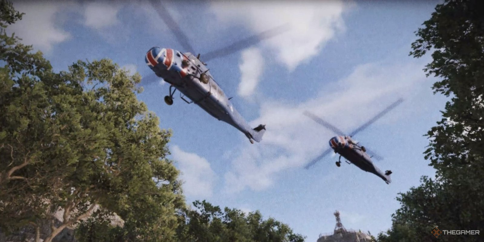 a pair of raf helicopters seen from below at the beginning of atomfall.