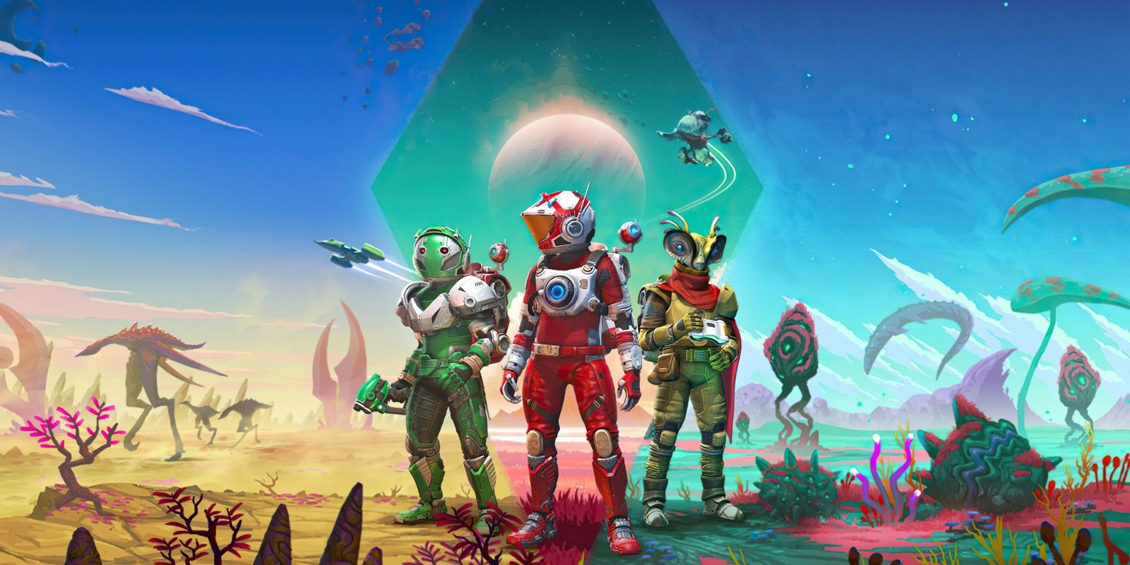 No Man's Sky's March 26 Update Adds New Relics Mechanic 1 No Man's Sky Key Art, showing three players in a busy environment.