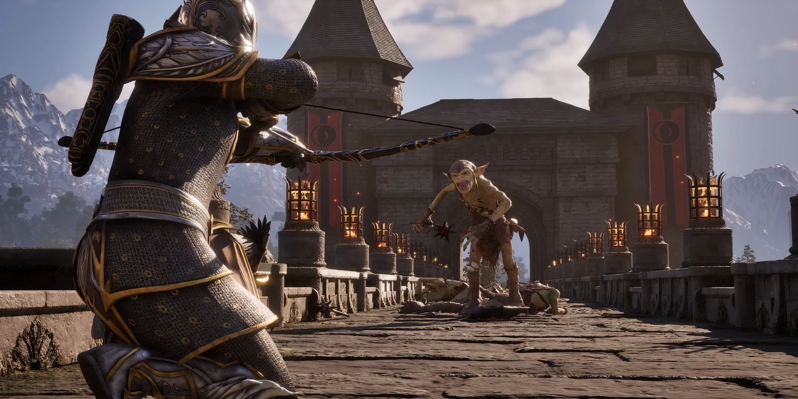 character aiming a bow at a goblin in the oblivion remaster.