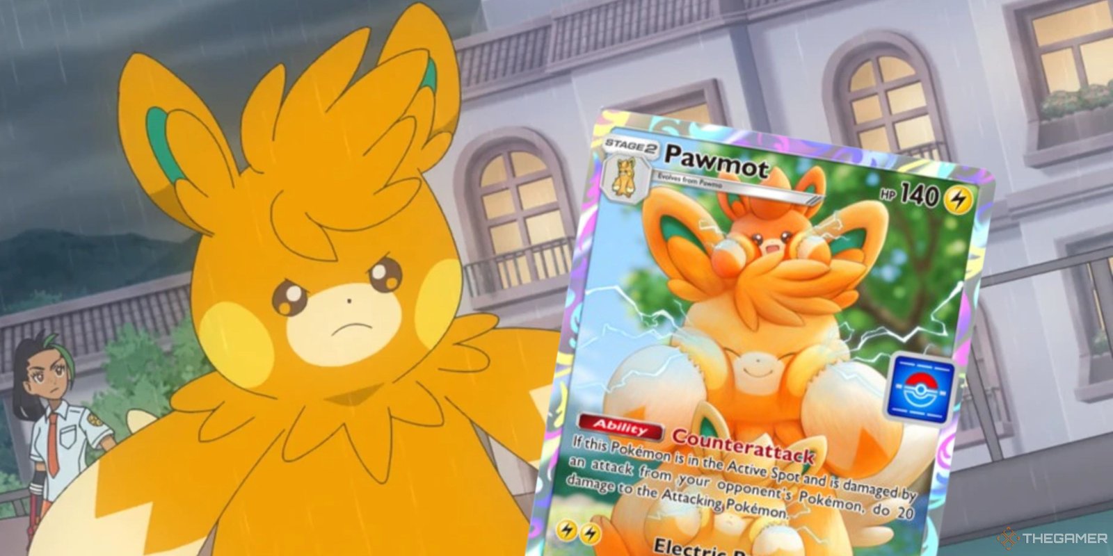 Pawmot Drop Event Guide For Pokemon TCG Pocket 1 pawmot looking at a pawmot promo card from pokemon tcg pocket.