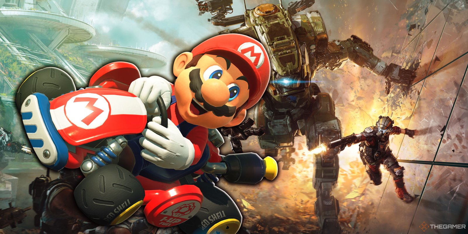 Titanfall 3 Rumors Immediately Shut Down By Insider 1 Mario in a Kart driving away from Jack Cooper, the Pilot, and BT from Titanfall 2.