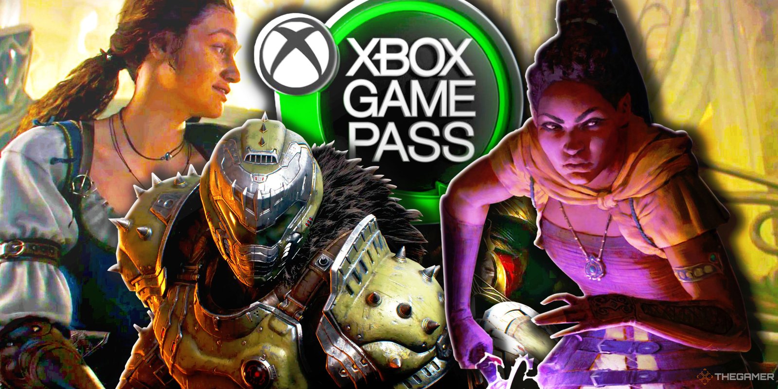 Xbox Is Sticking With Single Player Games Following Big Live Service Failures 1 Xbox characters from Fable, Doom: The Dark Ages, and Avowed with the Xbox Game Pass logo in the background.