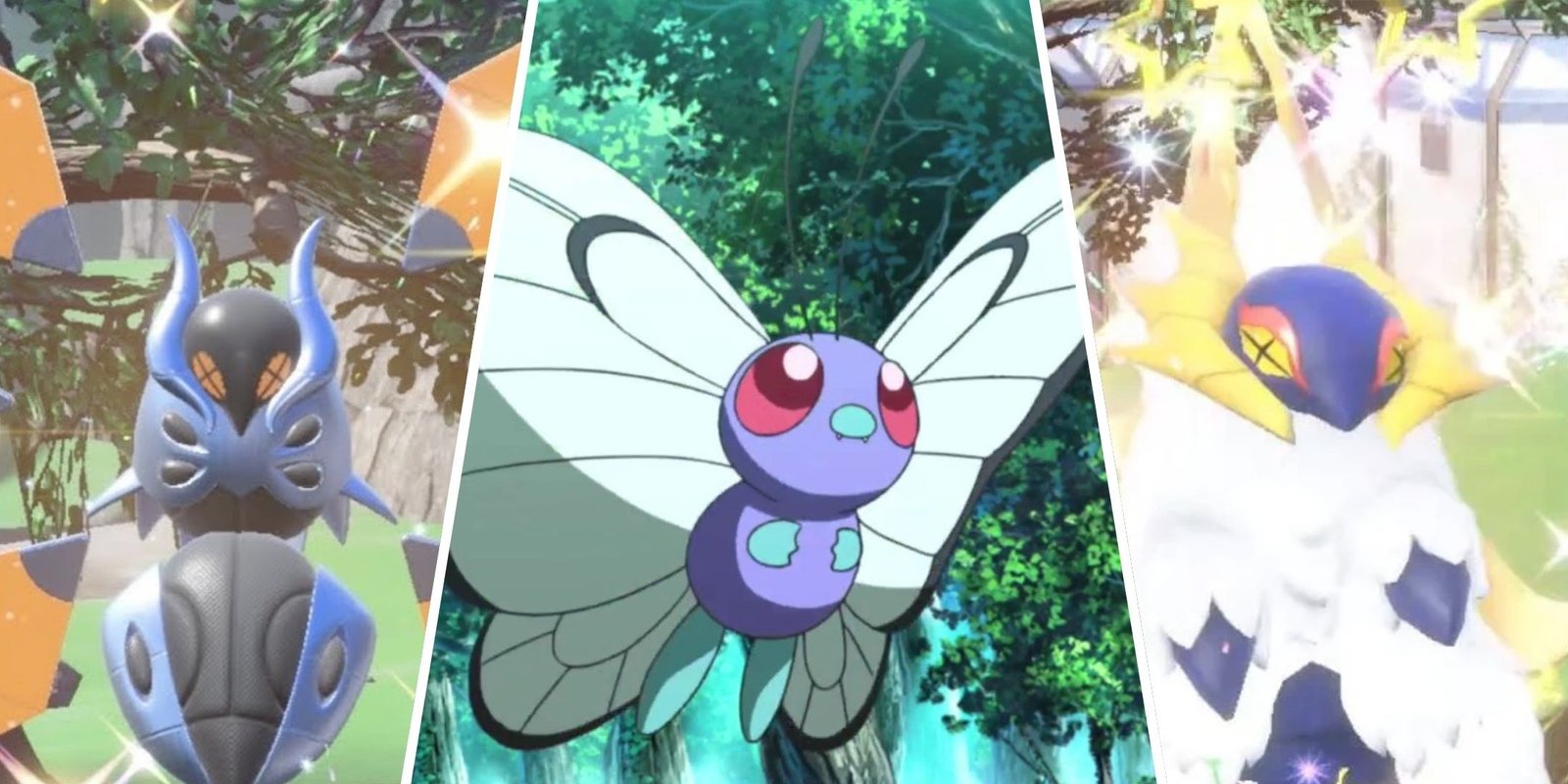 Pokemon: Every Pikachu Clone, Ranked 4 A split image of shiny Slither Wing, shiny Iron Moth, and Butterfree in Pokemon.