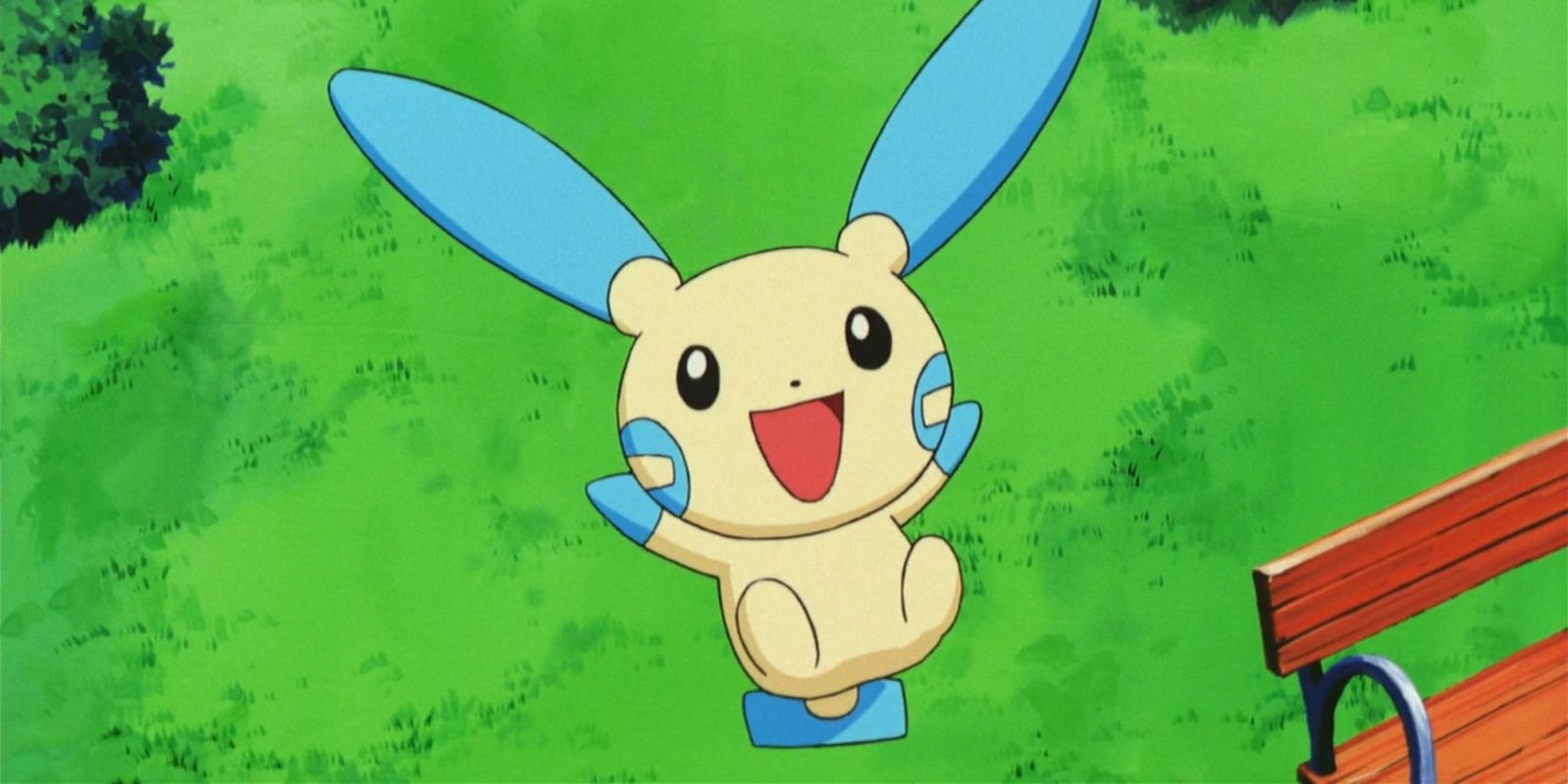 Minun in the air smiling with both legs lifted and arms spread wide in the Pokemon anime.