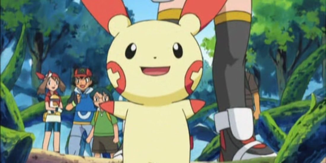Plusle smiling at the camera with both arms wide while May, Ash, and Max are smiling in the background in the Pokemon anime