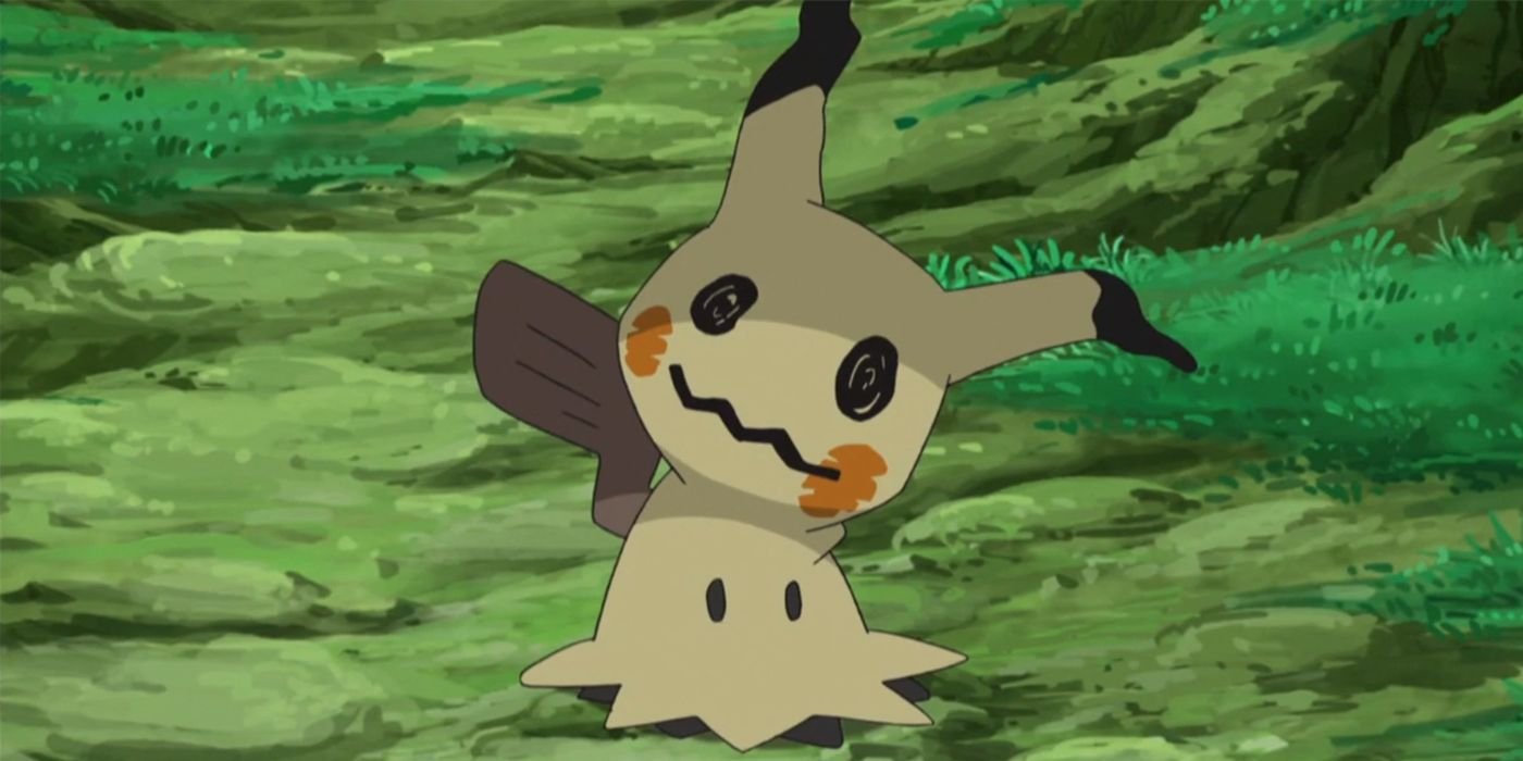 Mimikyu looking at the camera in the Pokemon anime.