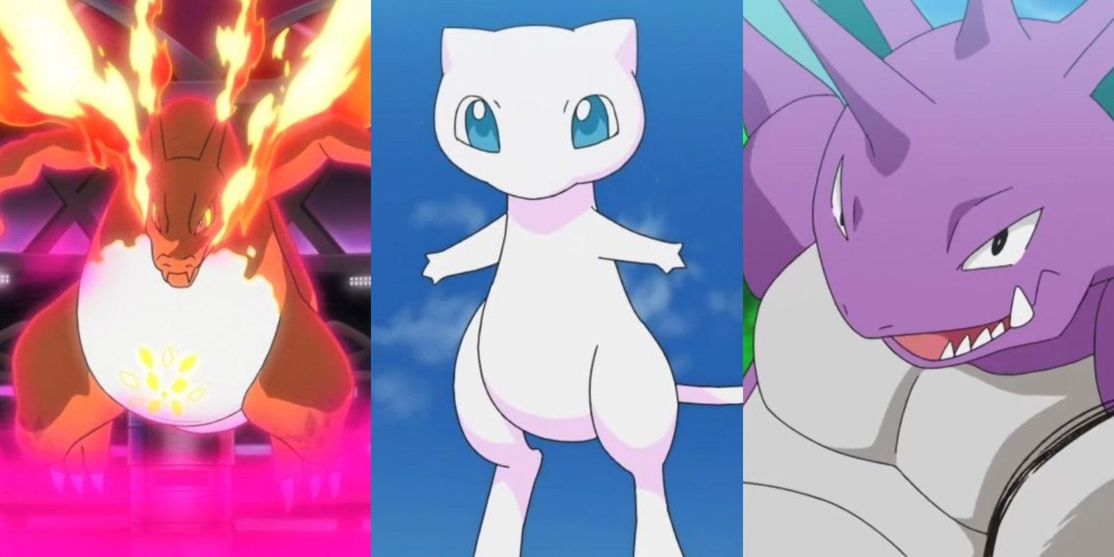Pokemon: Every Pikachu Clone, Ranked 14 A split image of Gmax Charizard, Mew floating in the air, and Nidoking smirking in the Pokemon Anime.