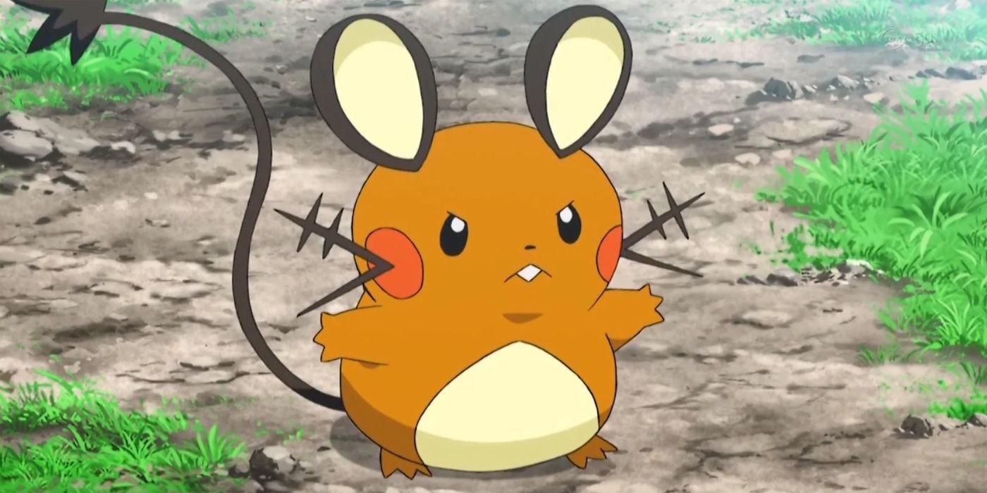 Dedenne standing and looking determined with arms open wide in the Pokemon anime.