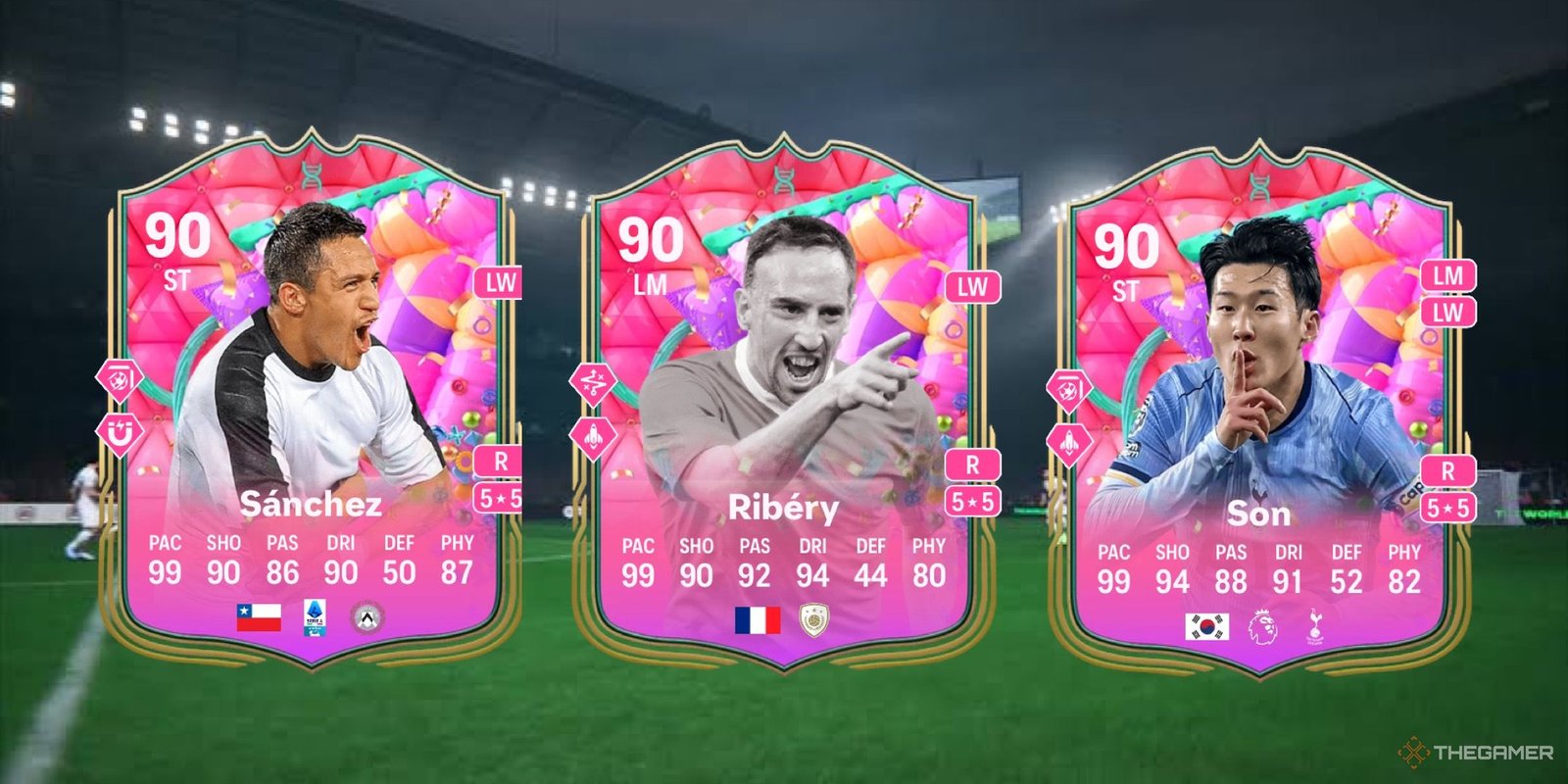 Best Spin Cycle Evolution Picks In EA Sports FC 25 4 Image showing Sánchez, Ribéry, and Son card against a faded pitch background.