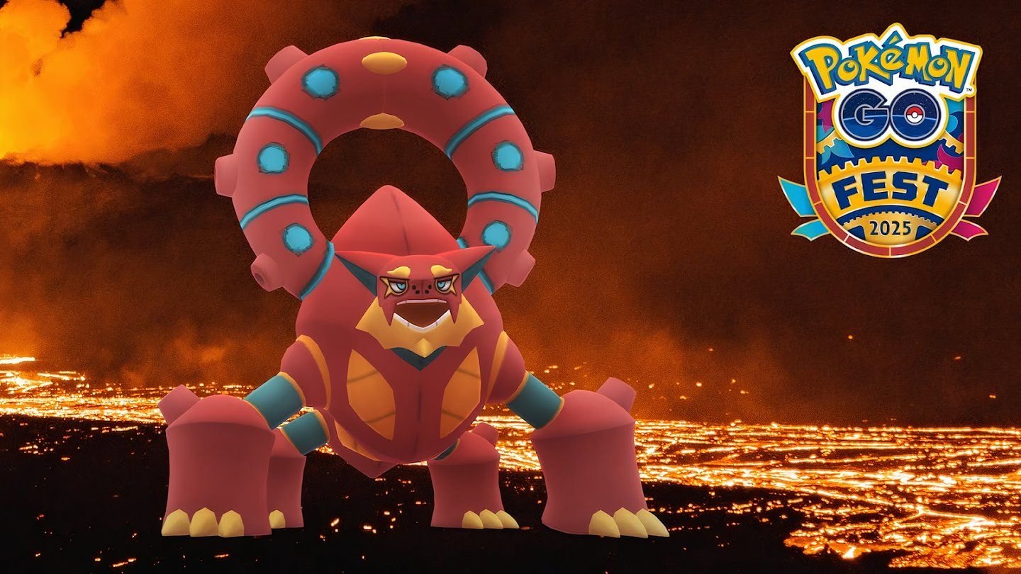 Image of Volcanion from Pokemon standing over magma.
