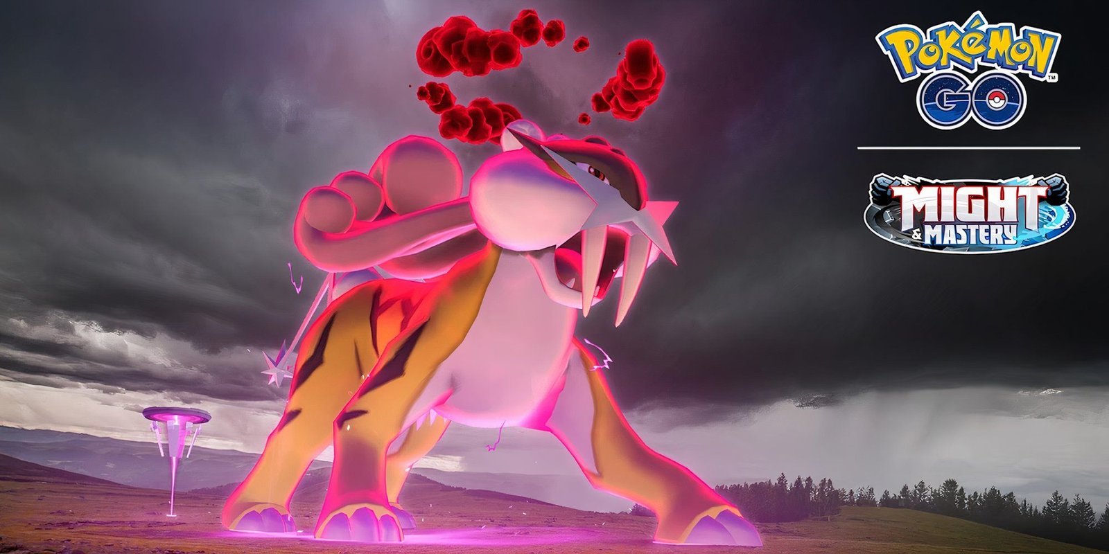 Image of Dynamax Raikou with a Power Spot and a cloudy sky behind.