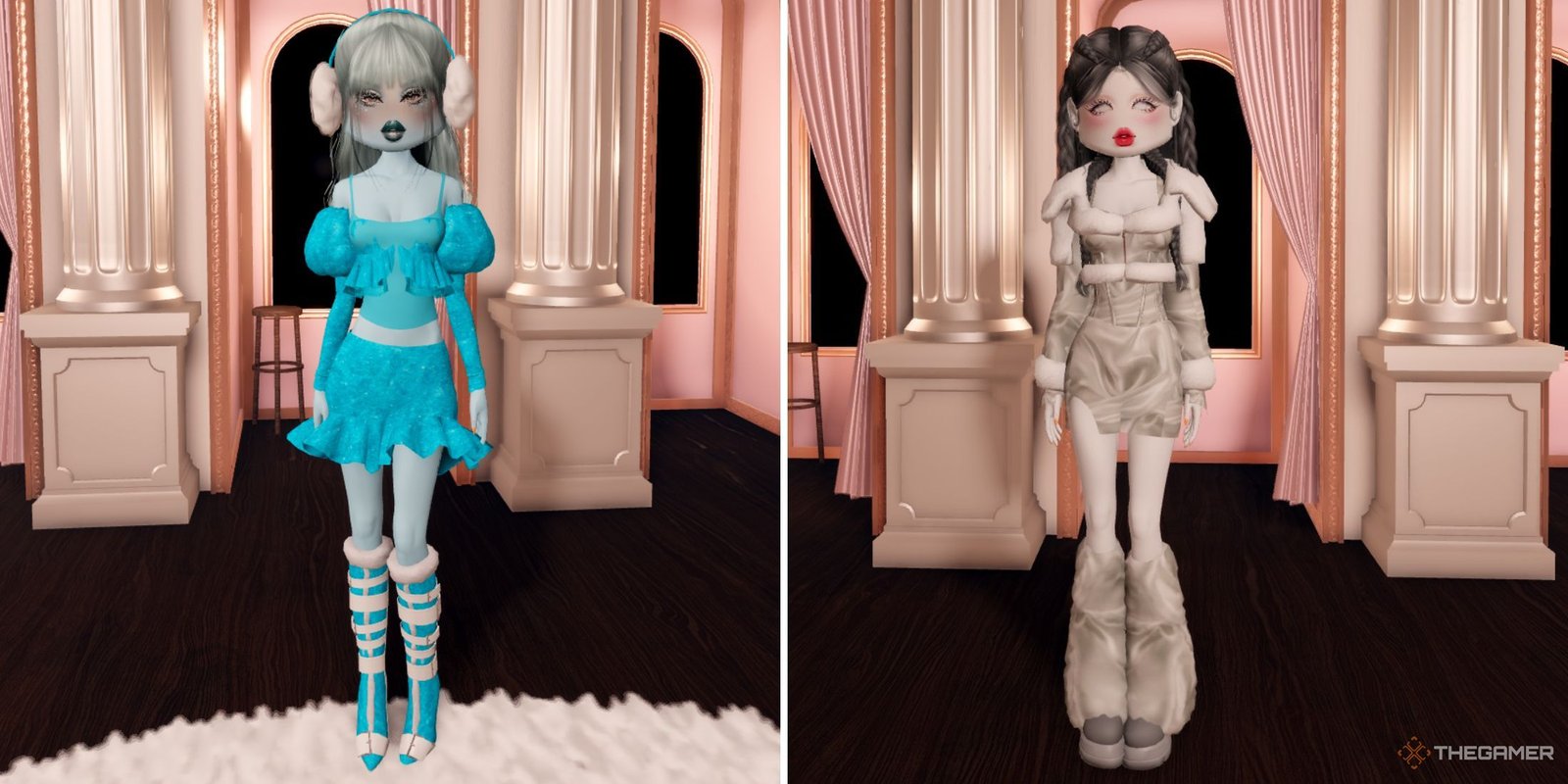 A character in Dress to Impress posing in an Ice Age outfit.