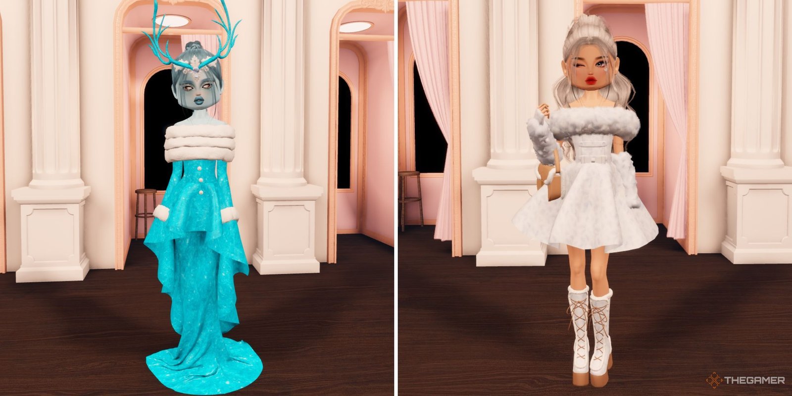 A character in Dress to Impress posing in an Ice Age outfit.