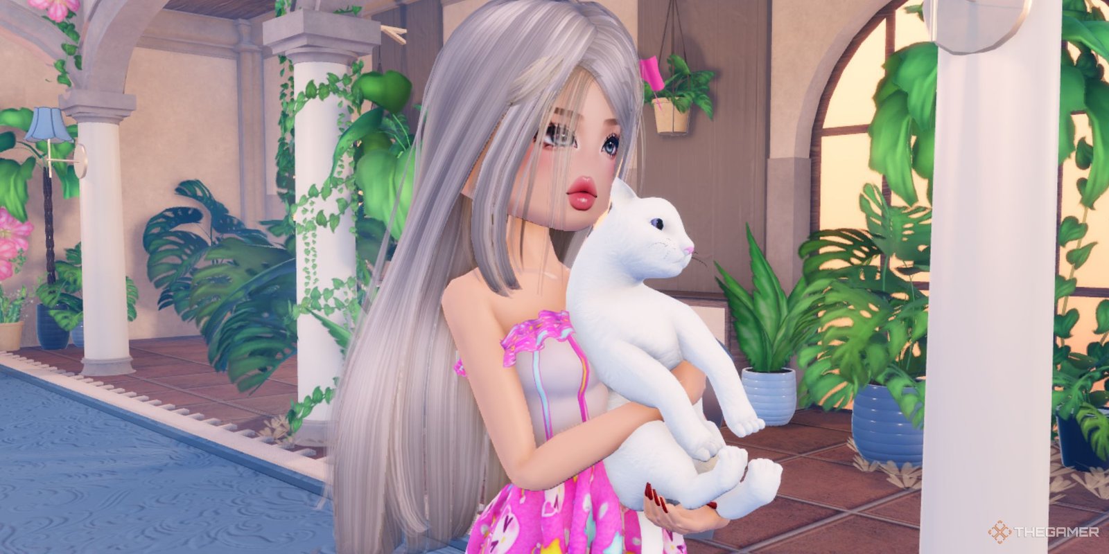 Ice Age Outfit Guide For Roblox: Dress To Impress 8 A Roblox: DTI character holding a kitty.
