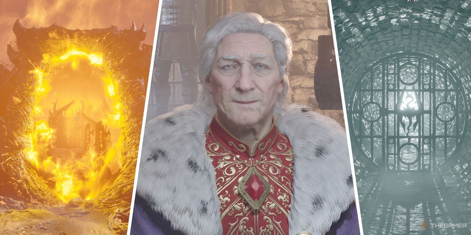 Which Cities Should You Go To First In Oblivion Remastered? 9 A split image of an Oblivion gate, Uriel Septim, and the sewer exit in Oblivion Remastered.
