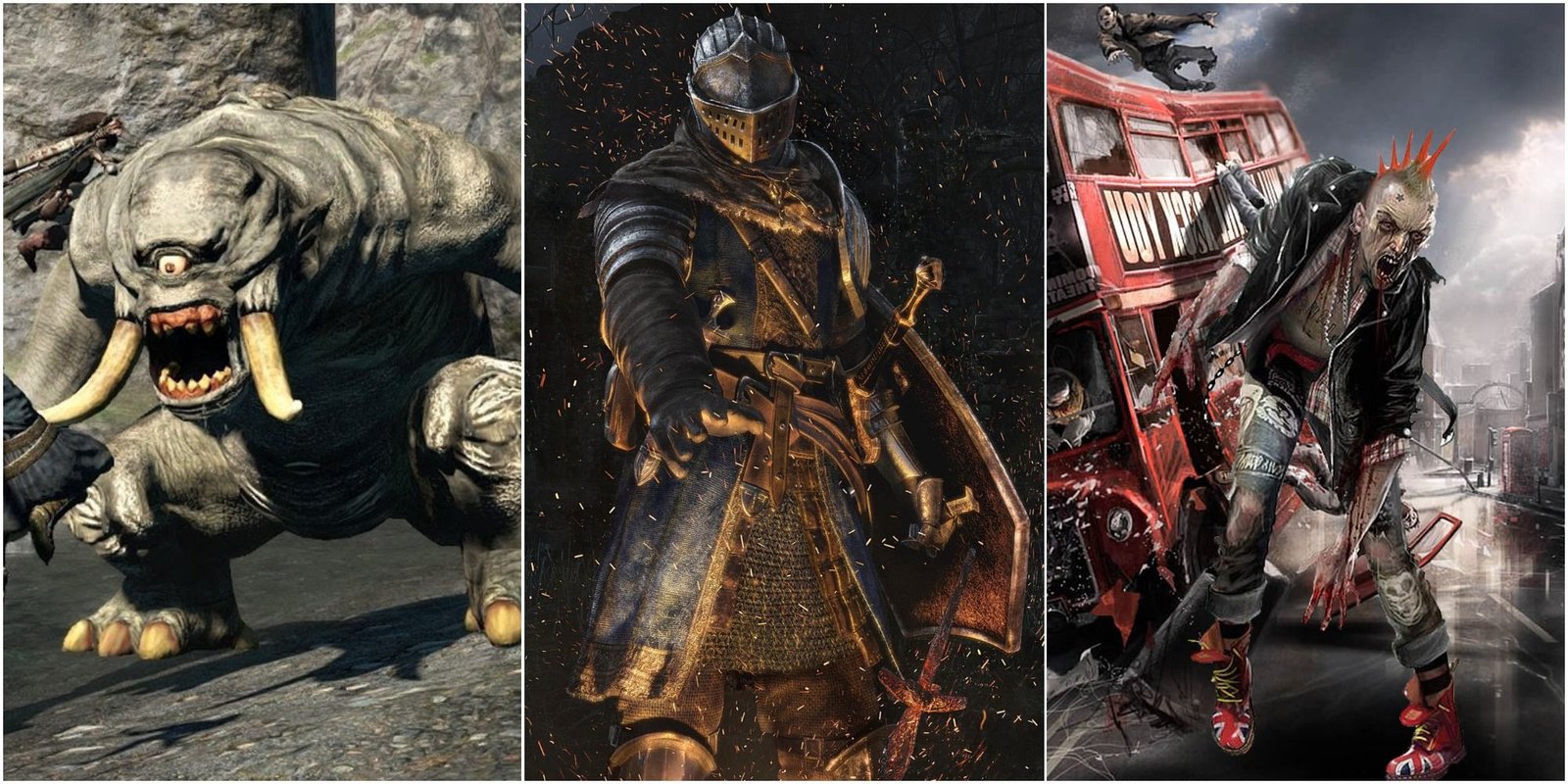 collage image featuring screenshots from Dragons Dogma, Dark Souls, And ZombiU