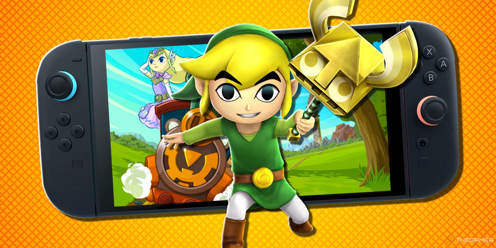 You Can Now Collect The Original 151 Pokémon By Using Google 5 Link from The Legend of Zelda holding the Sand Wand in front of key art from Spirit Tracks, displayed on a Switch 2.