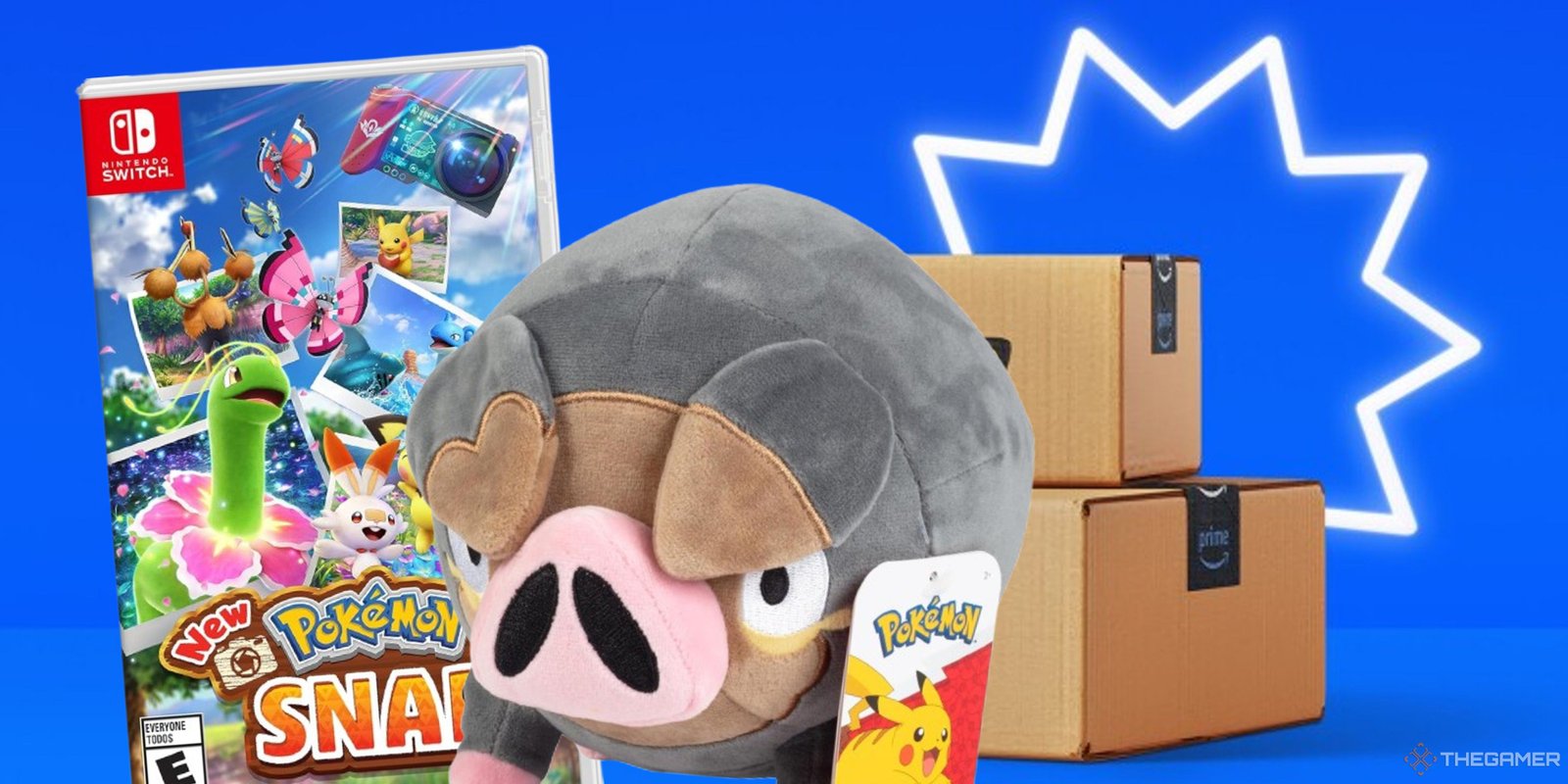 Amazon Prime Big Deal Days 2024 Disney Deals 14 new pokemon snap and a lechonk plush in front of some amazon packages