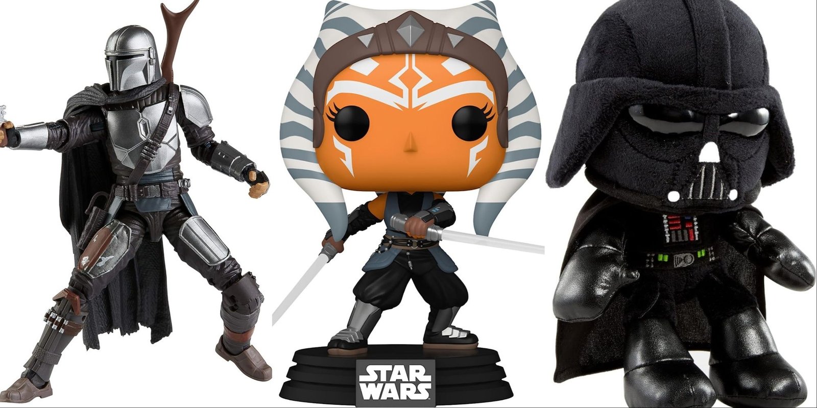 Best Star Wars Halloween Costumes In 2024 5 Star Wars Gifts Featured Split Image Action Figure, Ahsoka, and Darth Vader