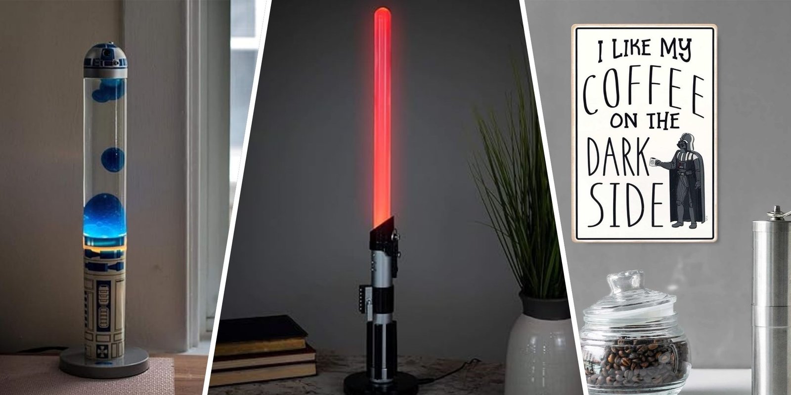 Best Star Wars Halloween Costumes In 2024 13 Split image of r2d2 lava lamp lightsaber desk lamp and darth vader coffee sign