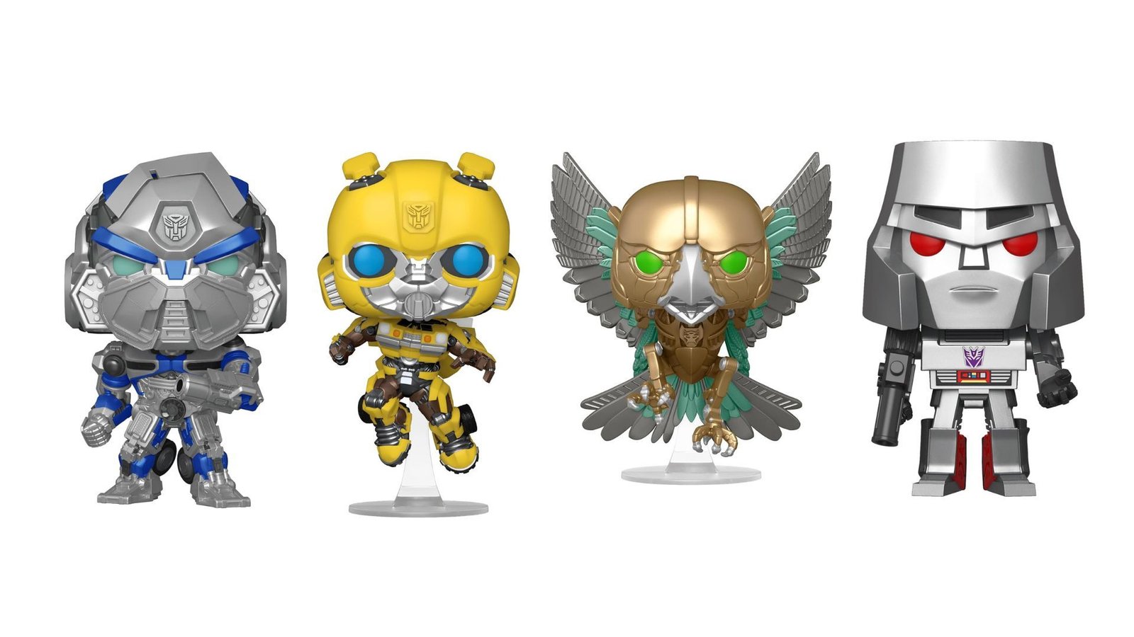 The Transformers One Steelbook Is Up For Preorder On Amazon 3 Transformers Funko Pop! Figures of Mirage, Bumblebee, Airazor and Megatron against a white background