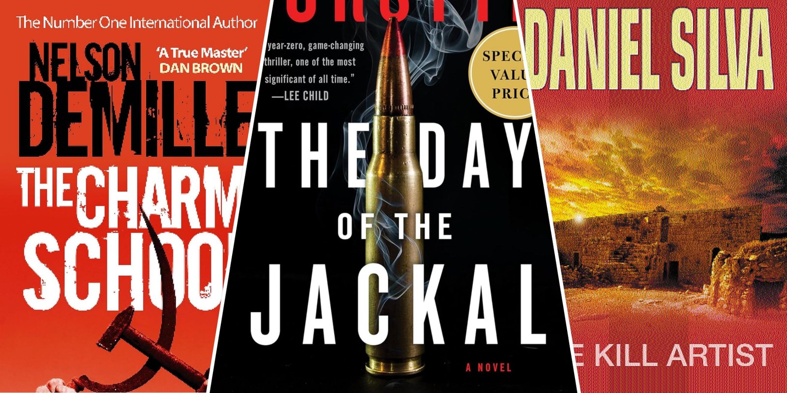 7 Books Similar To The Umbrella Academy 12 split image of the charm school, the day of the jackal, and the kill artist book covers