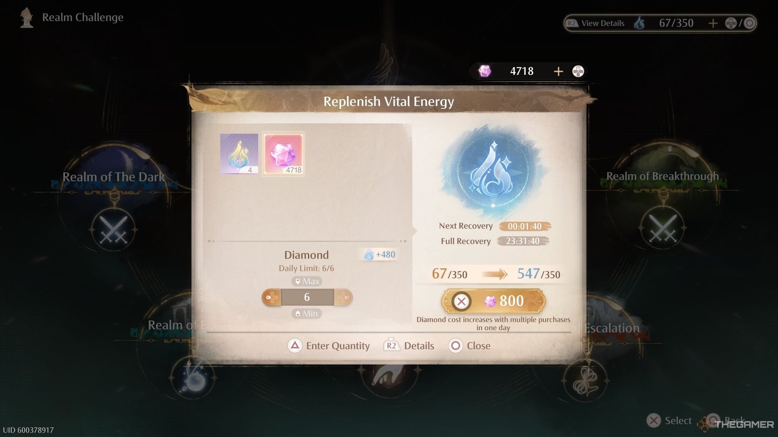Using Diamonds to replenish Vital Energy in Infinity Nikki.