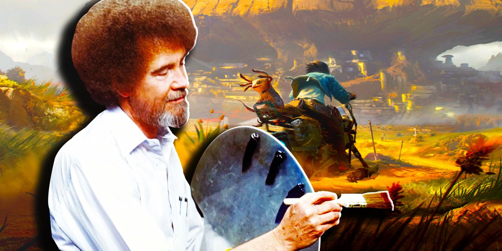 Watch Dogs' Movie Adaptation Has Finished Filming 2 Bob Ross painting a screenshot of Kay Vess and Nix riding a speeder in Star Wars Outlaws