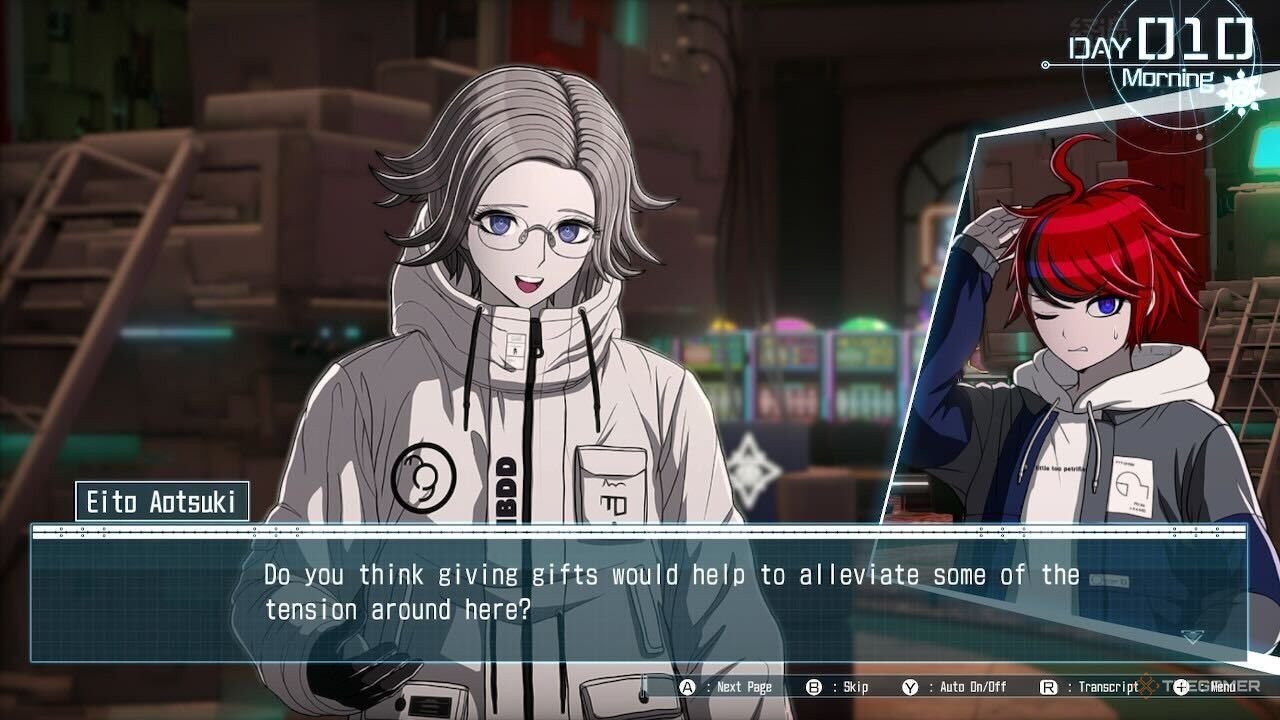 Eito talking about handing out presents in The Hundred Line Last Defense Academy.