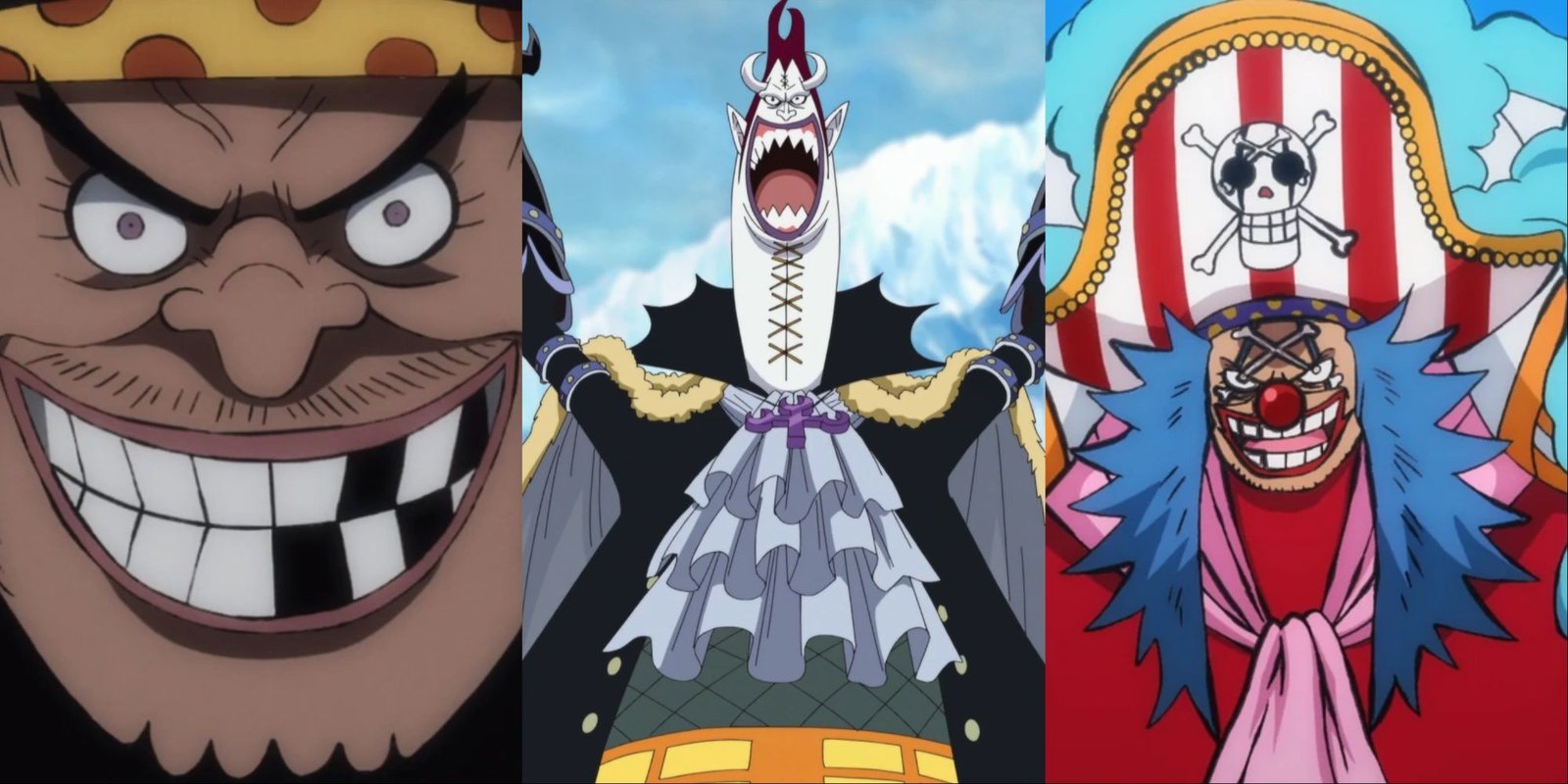 How To Watch One Piece Anime 3 Collage of Blackbeard, Gecko Moria and Buggy from One Piece.