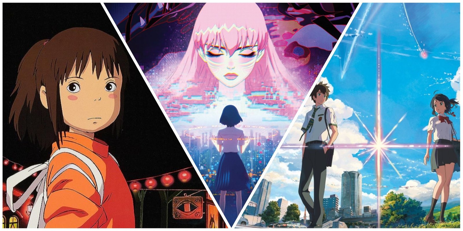 How To Watch One Piece Anime 4 A horizontal three-piece picture containing the box art of Spirited Away, Belle, and Your Name