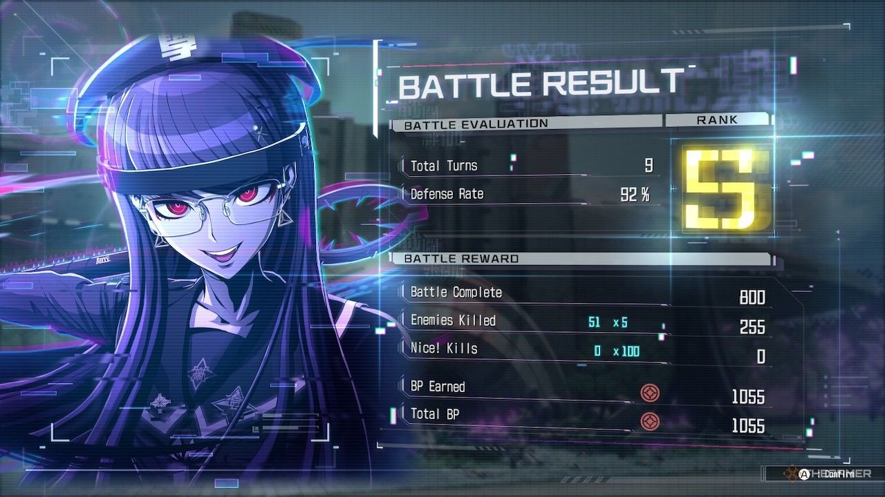 Hiruko on a battle result screen in The Hundred Line Last Defense Academy.