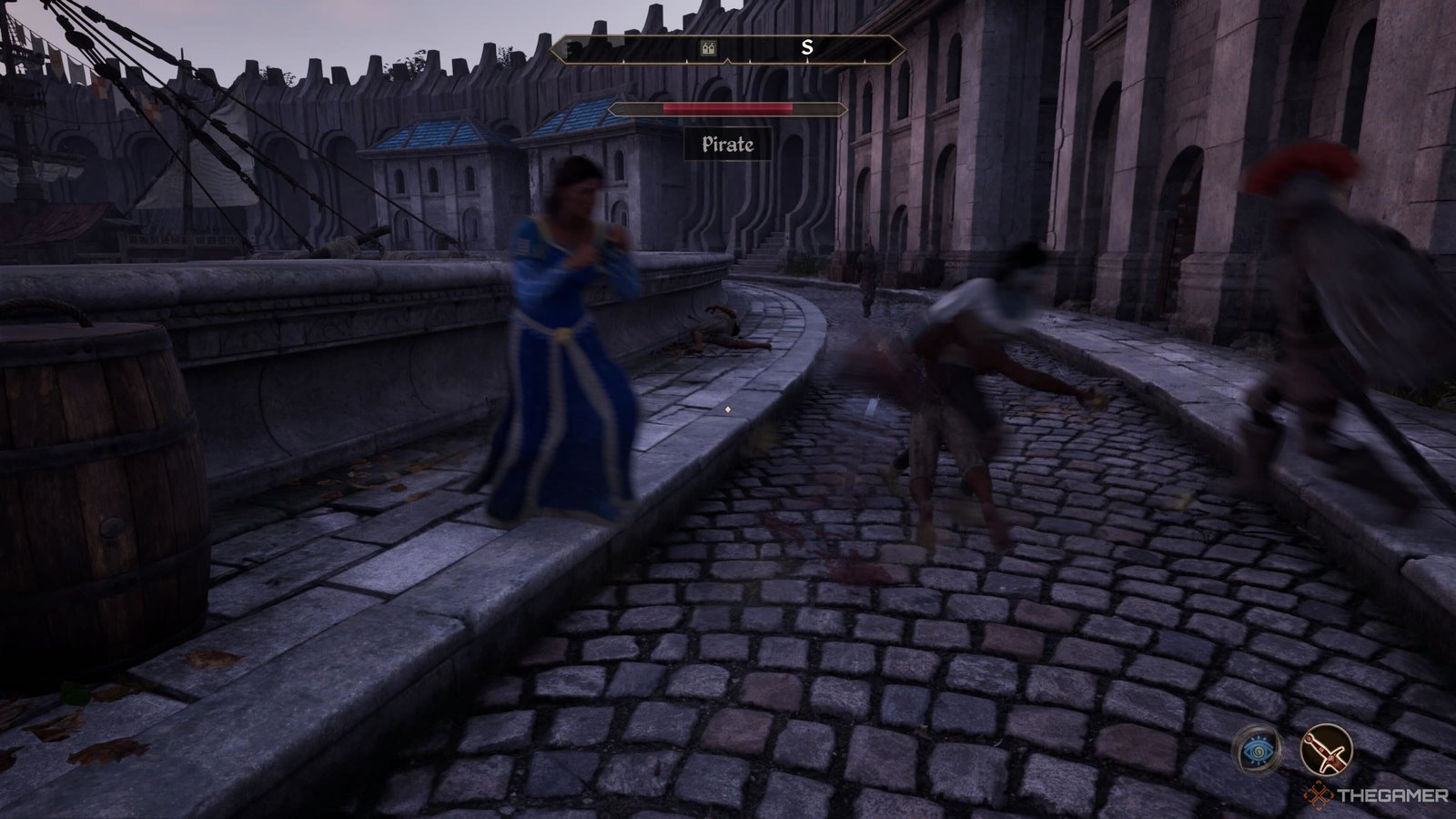 Several characters engage in combat in the Waterfront District in Oblivion Remastered.