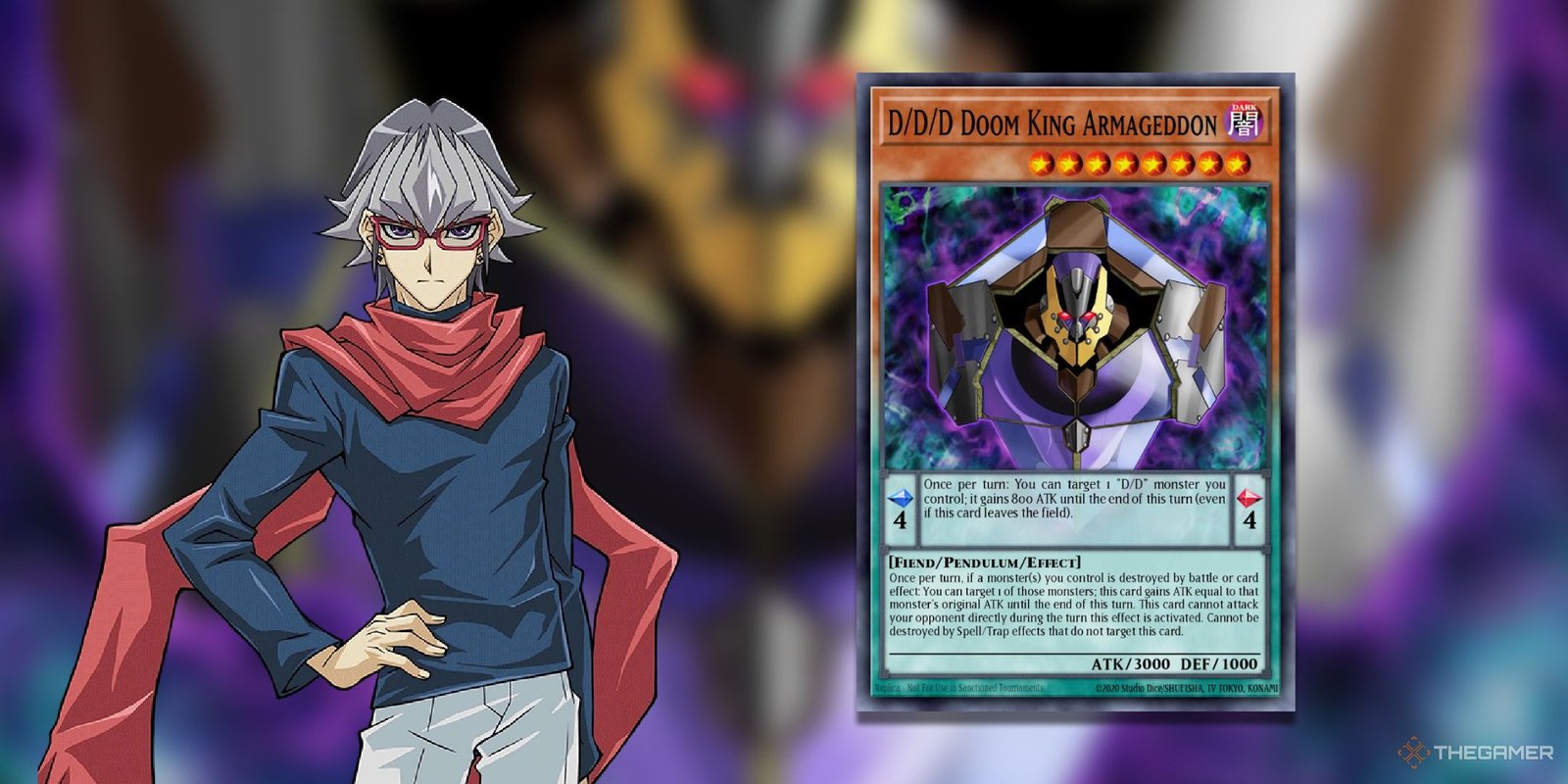 Declan Akaba next to DDD Doom King Armageddon from Yu-Gi-Oh! Arc-V.