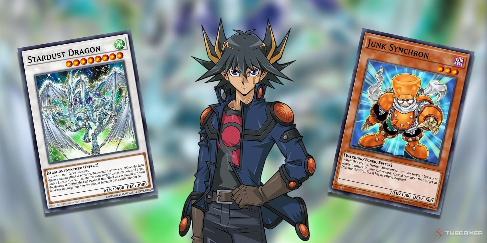 Which Yu-Gi-Oh! Anime Rival Has The Best Signature Card? 4 Yusei Fudo from Yu-Gi-Oh! 5Ds next to some of his best cards such as Junk Synchron and Stardust Dragon.